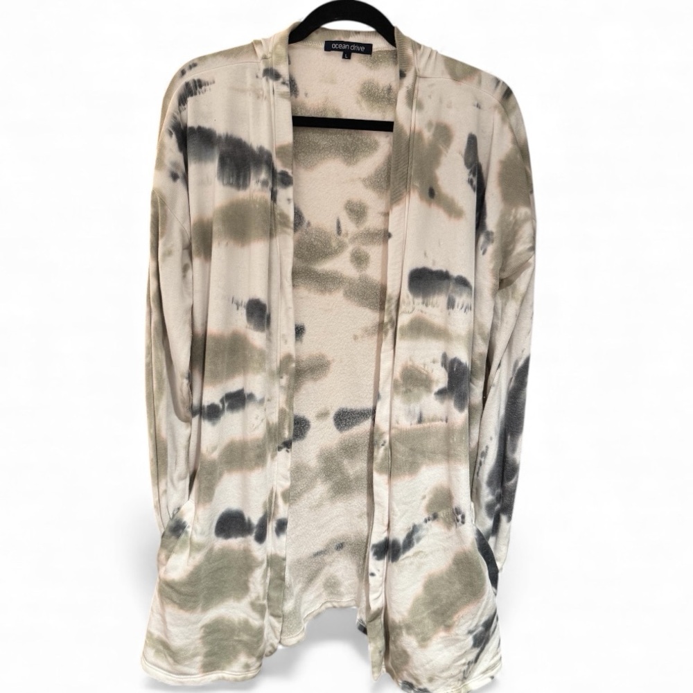 Long Cozy Tie-Dye Open Front Sweatshirt Cardigan by Ocean Drive, Size L